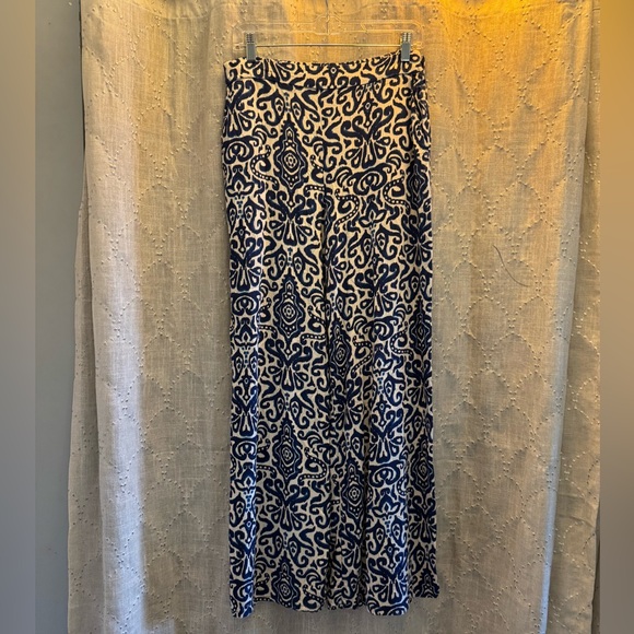 Zara Pants - Zara Boho White Blue Print Side Pockets Elastic Waist Wide Leg Pants• Medium